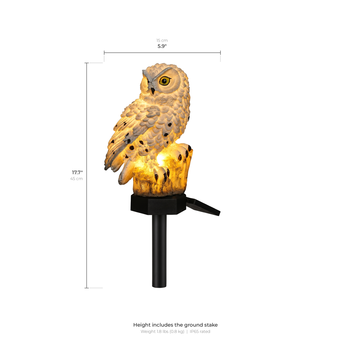 Alta solar owl light dimensions: 17.7 inches tall, 5.9 inches wide