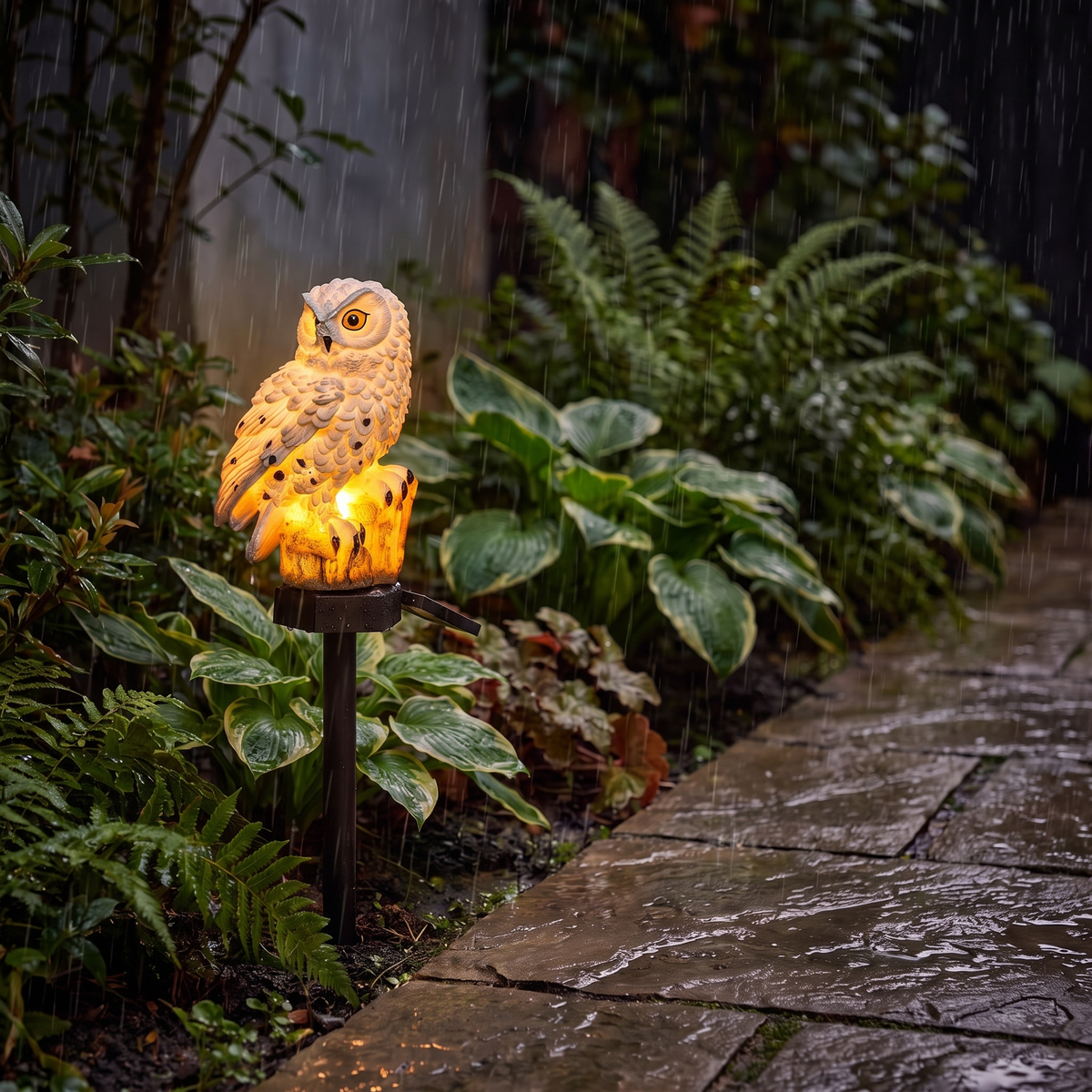 Alta solar owl light glowing among hostas beside a stone path