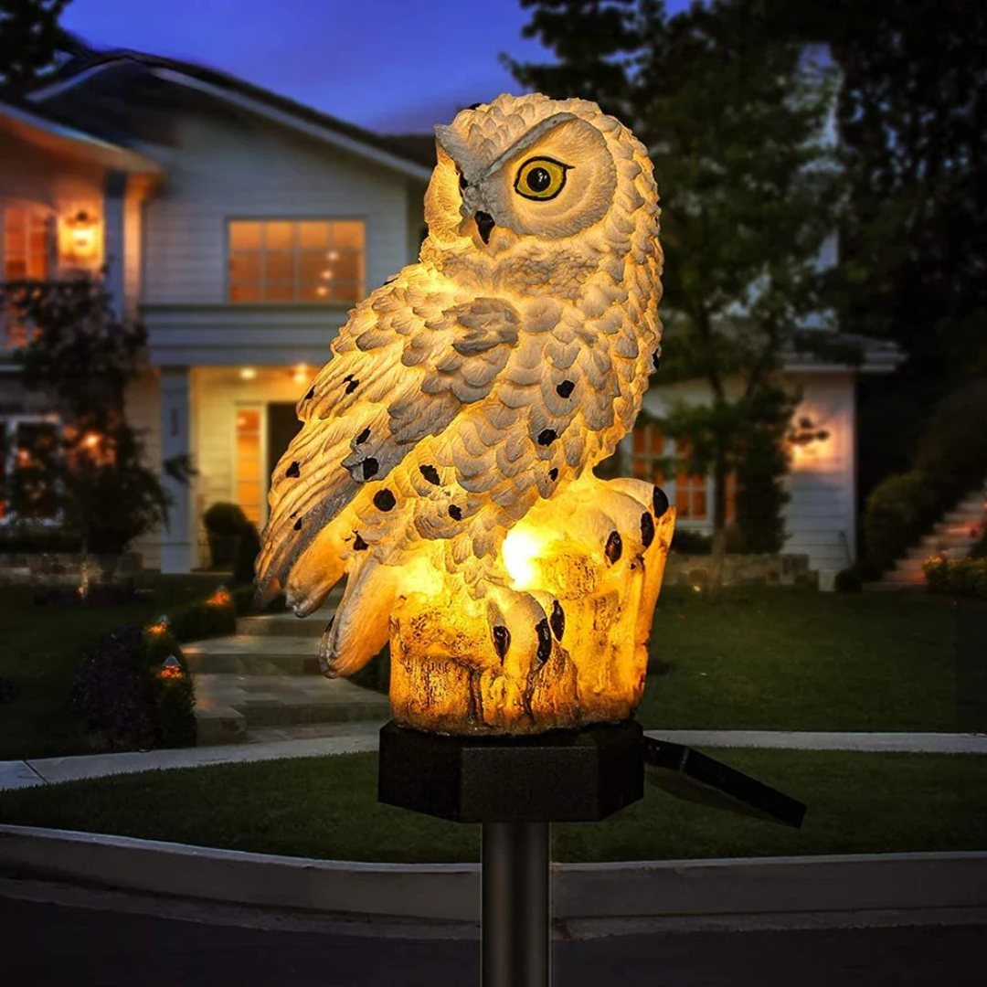 Alta solar owl light glowing in front of a house at night