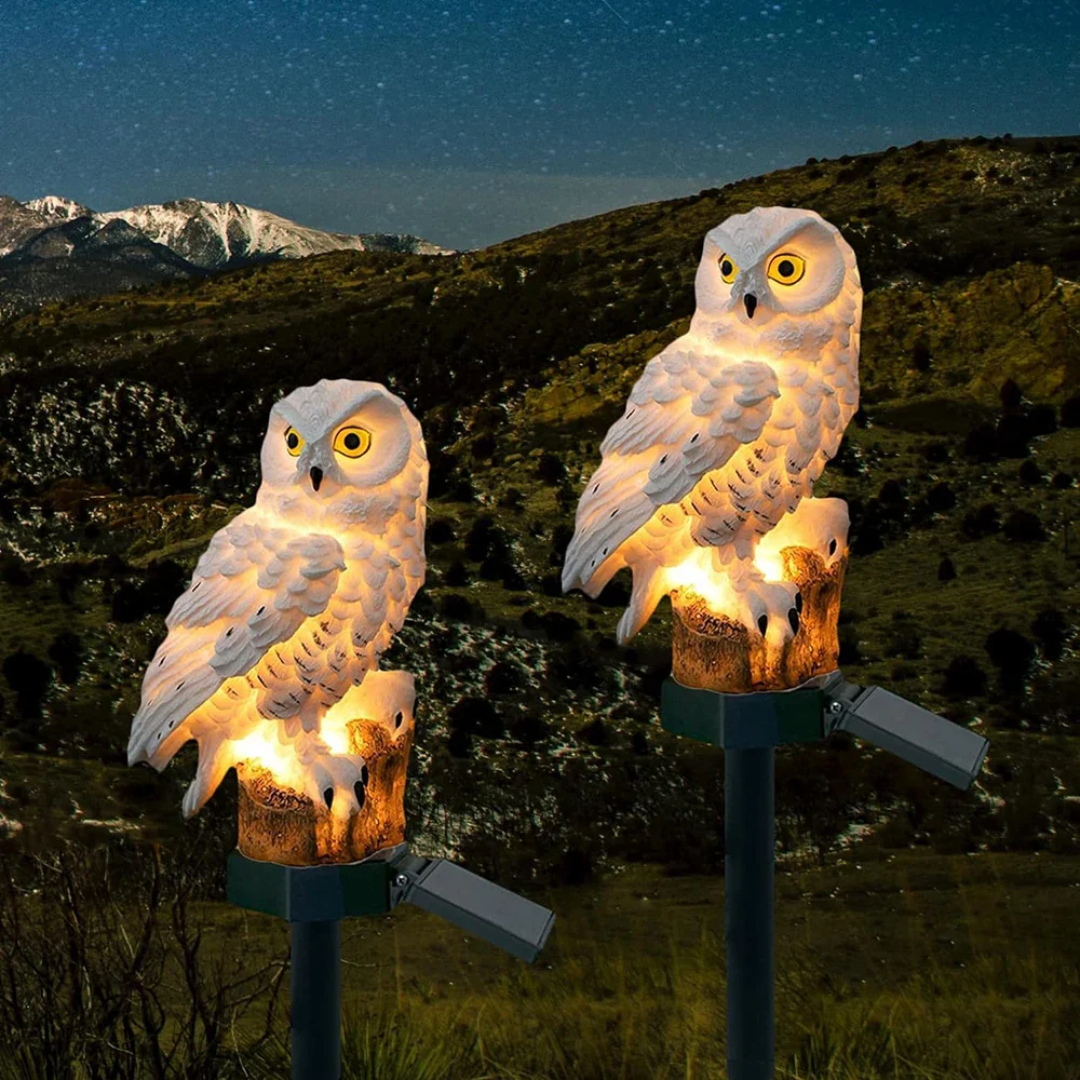 Three solar owl lights glowing on a garden wall under a night sky