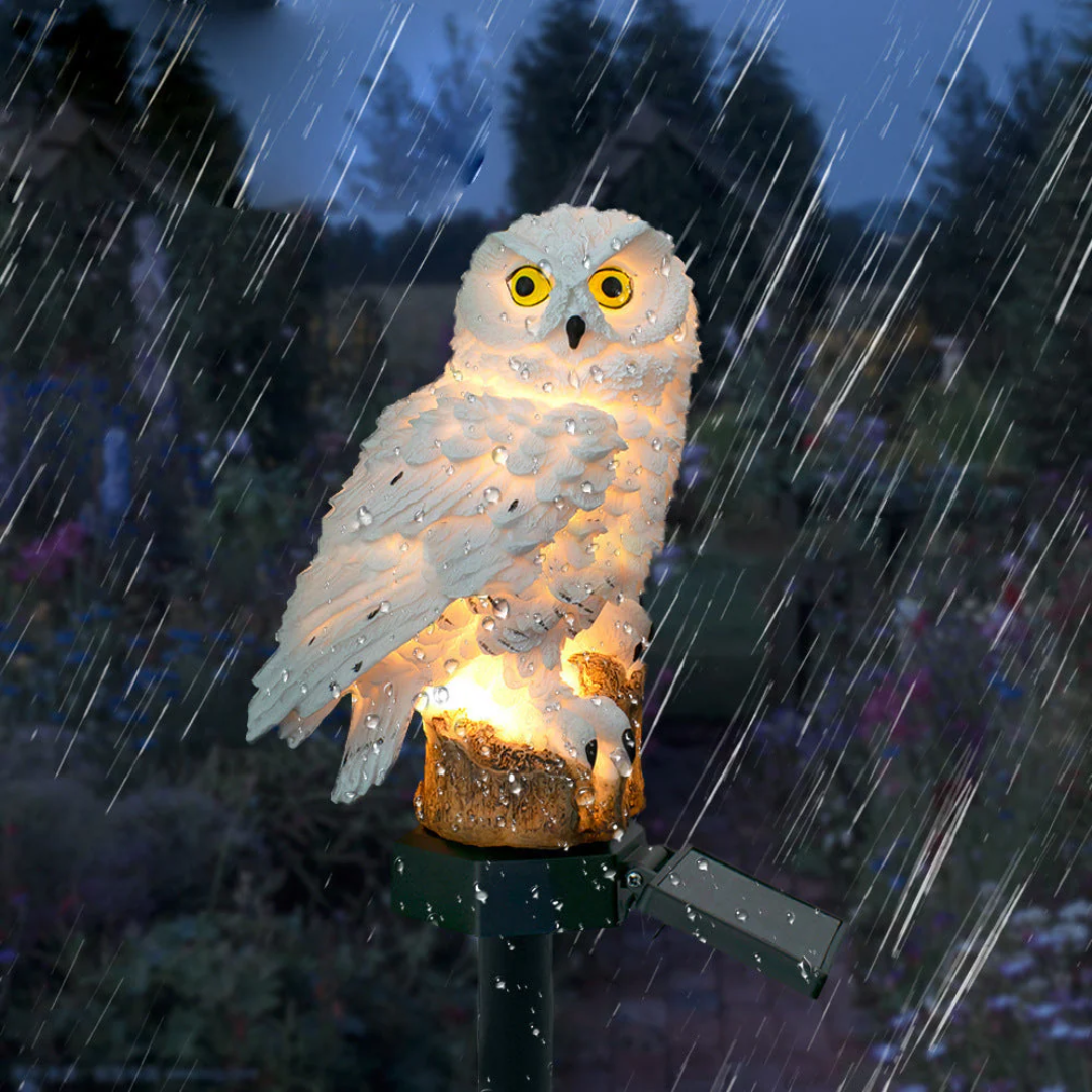 Alta solar owl light glowing in a garden during rain