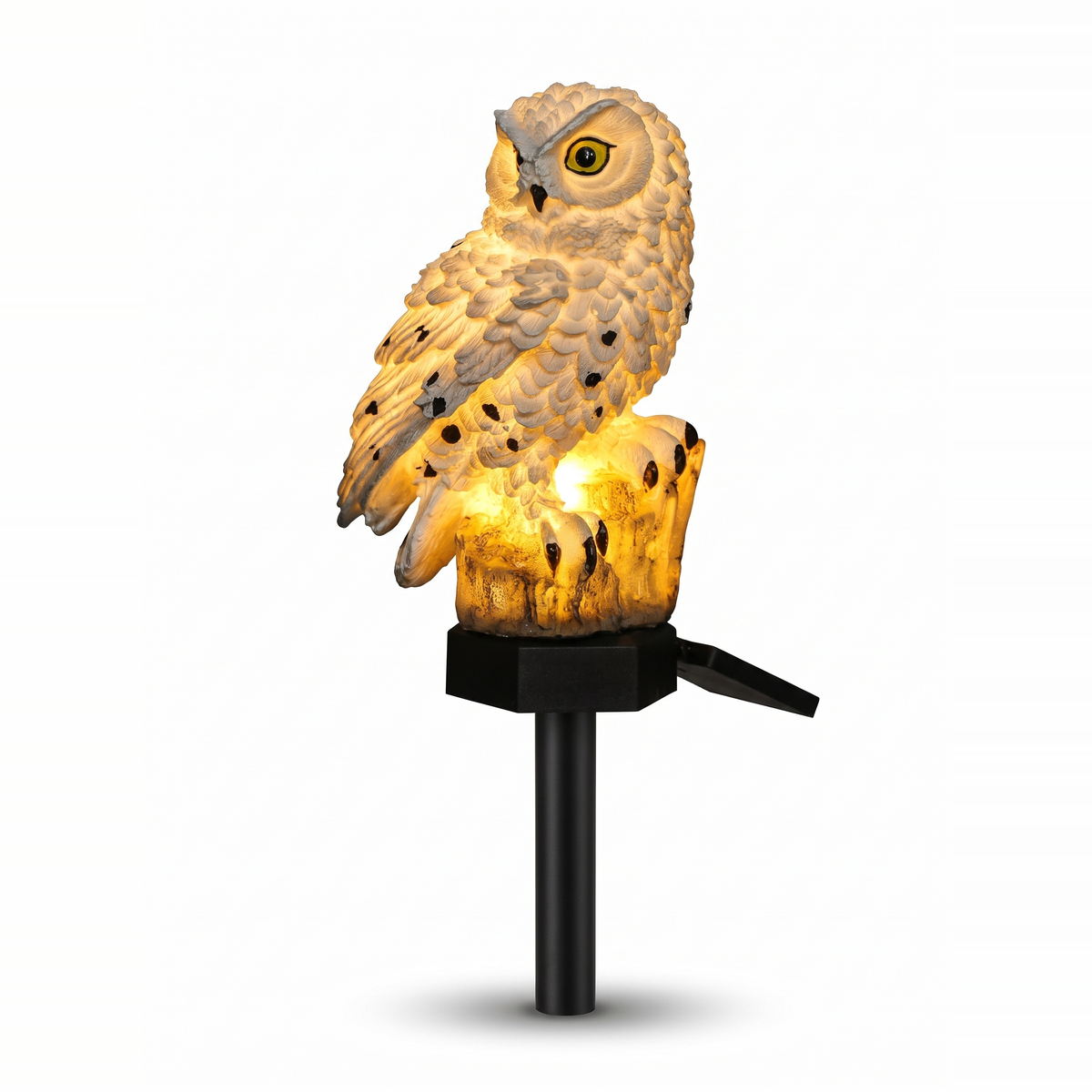 Alta solar owl garden path light on its stake, on white