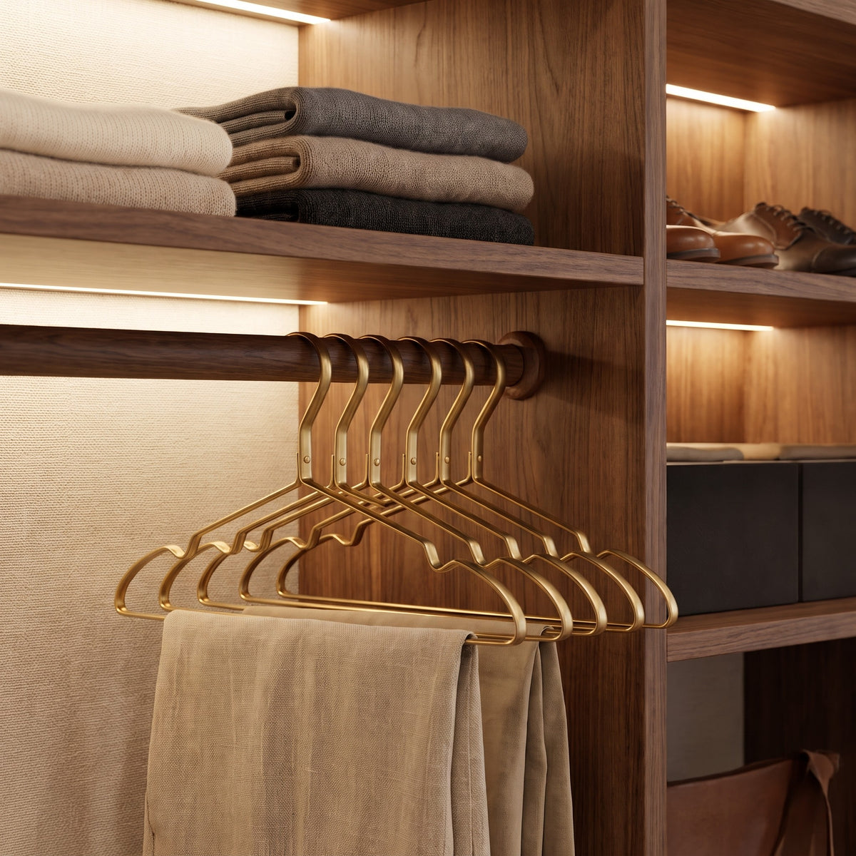 Gold aluminum hangers holding trousers in a lit walk in closet