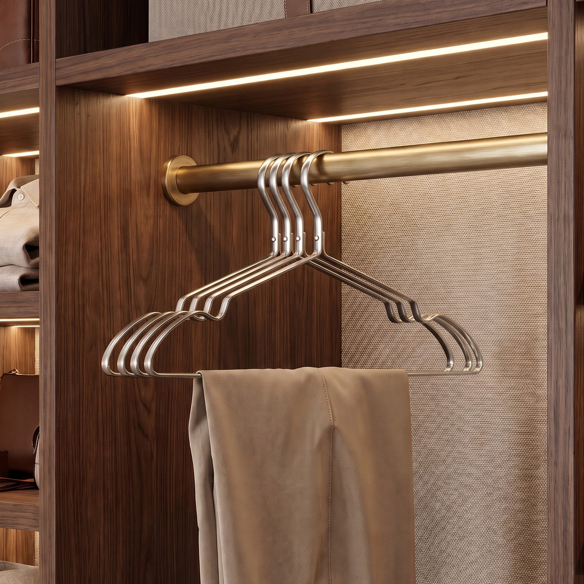Four silver aluminum clothes hangers on a brass rod holding trousers in a walnut closet