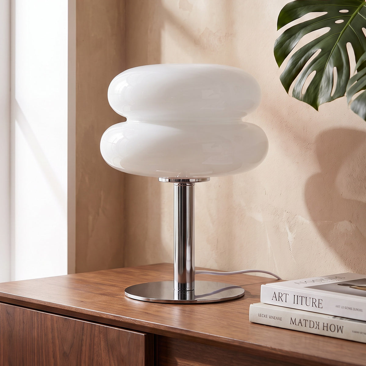 Annika glass table lamp in white on a walnut sideboard