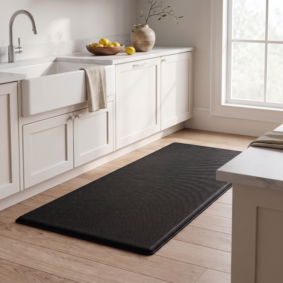 Black cushioned mat along a kitchen counter