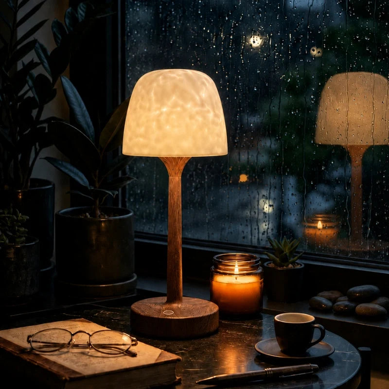 Arvika lamp beside a window on a rainy night