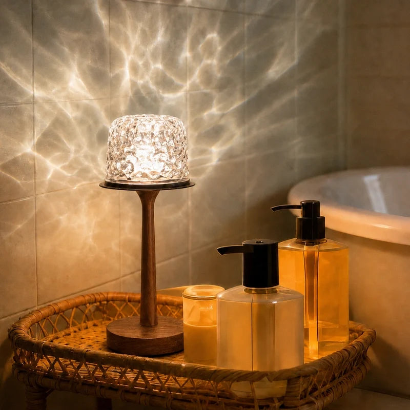 Arvika projector top casting light patterns over a bath caddy
