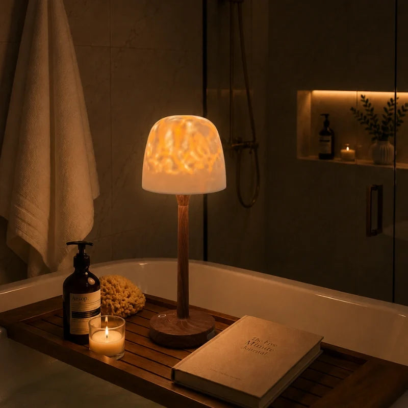 Arvika lamp with frosted shade on a bath tray