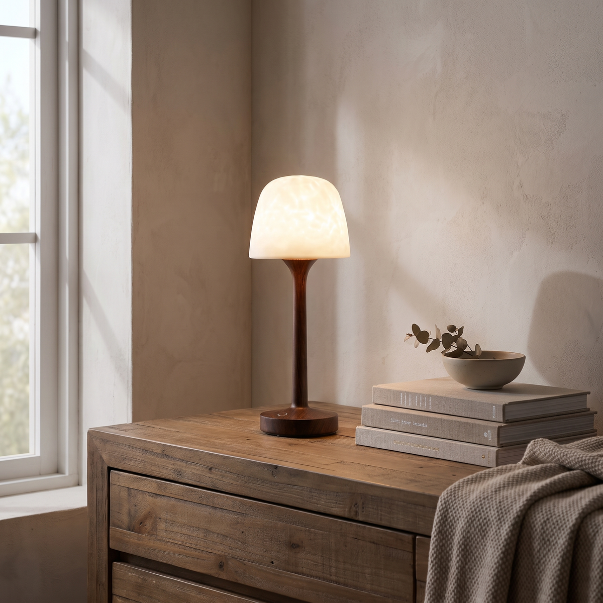 Arvika lamp with frosted shade glowing on a bedroom dresser