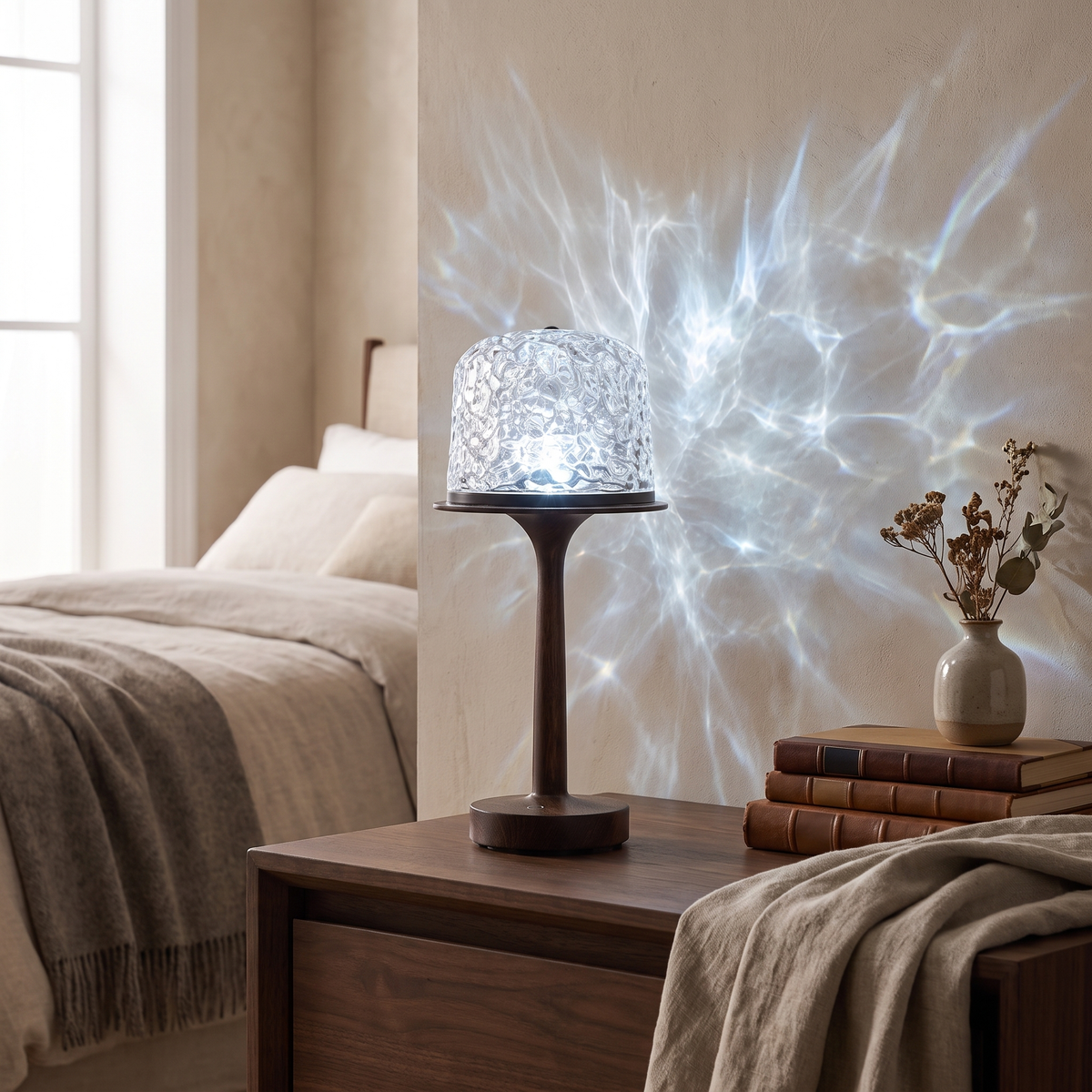Arvika lamp with the shade off casting rippled light on a bedroom wall