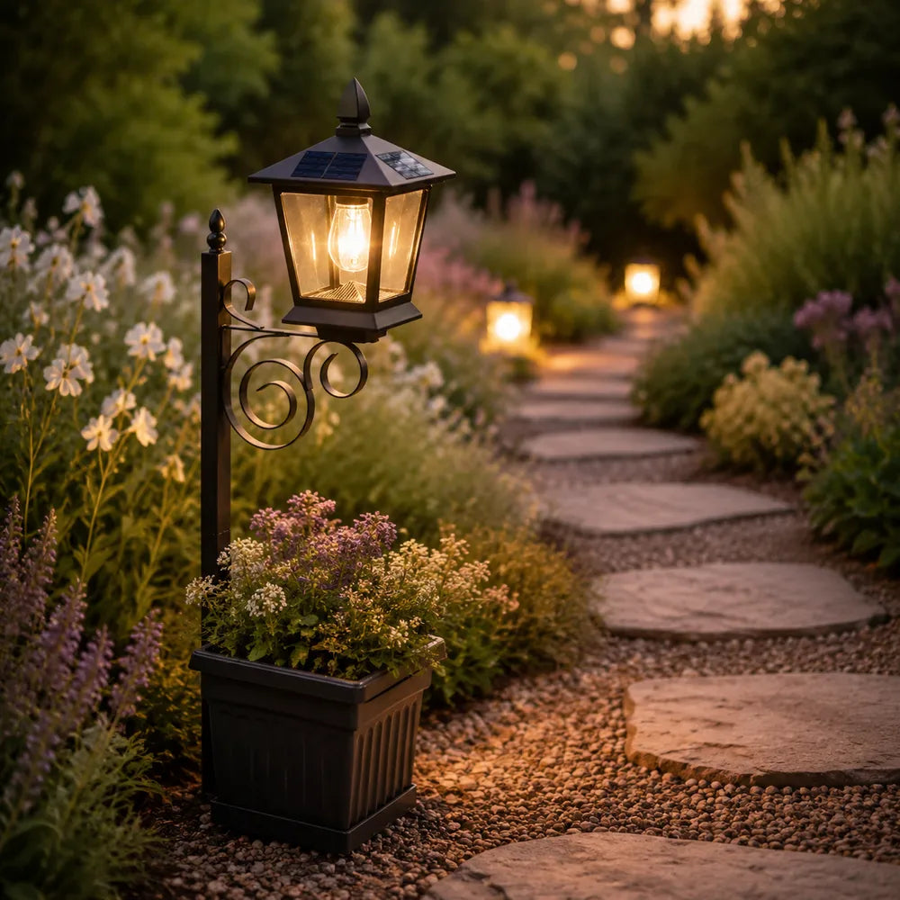 Askim lantern planter lit beside a stone garden path