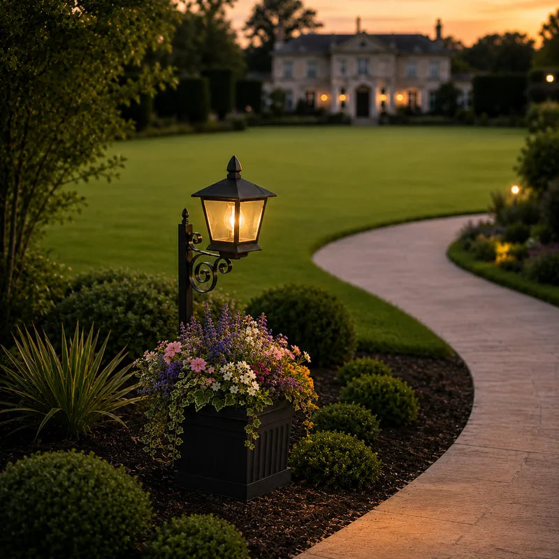 Askim lantern planter in a planting bed beside a lawn path