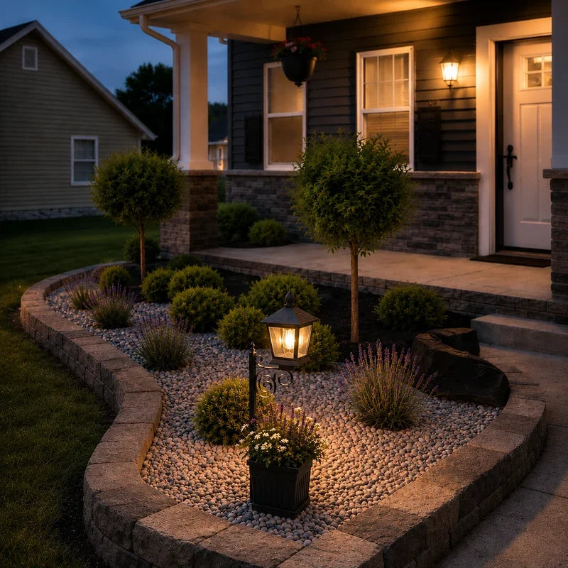 Askim lantern planter in a gravel bed by a front porch