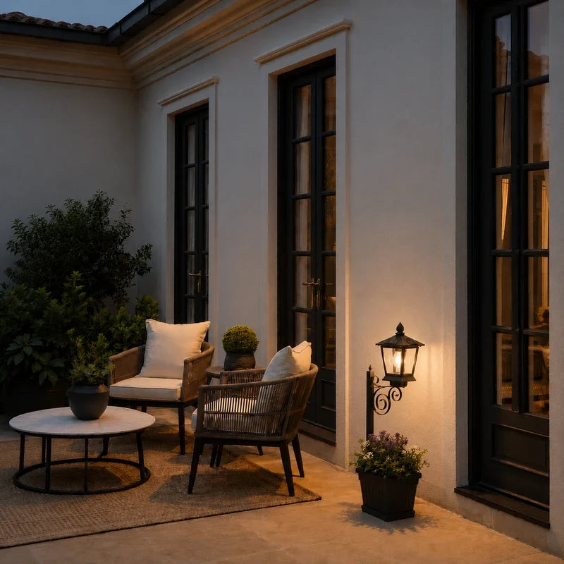 Askim lantern planter on a terrace beside two chairs