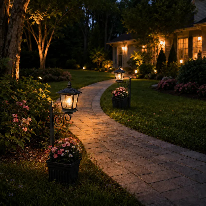 Askim lantern planter lighting a curved garden path at night