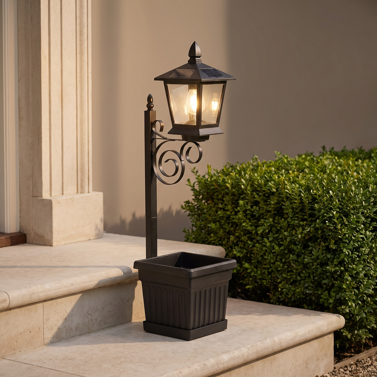 Askim solar lantern planter beside a limestone front step