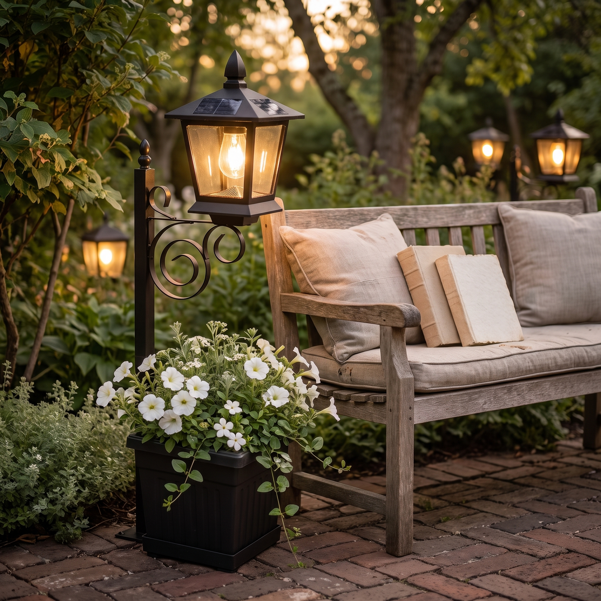 Askim lantern planter with white flowers beside a garden bench