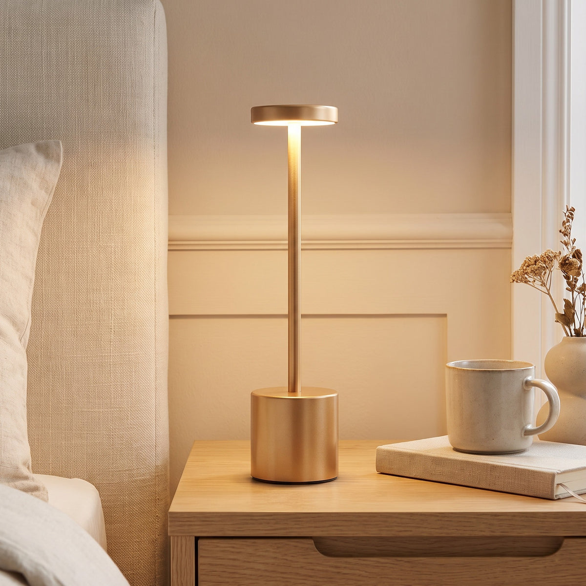 Rose Asta cordless table lamp lit on a bedside table