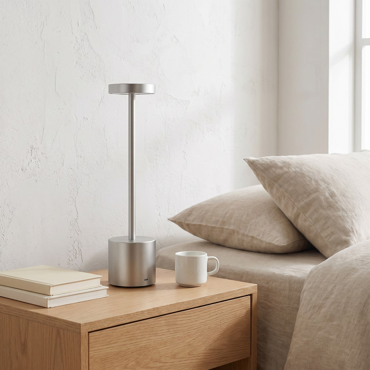 Silver Asta cordless table lamp on a nightstand with books