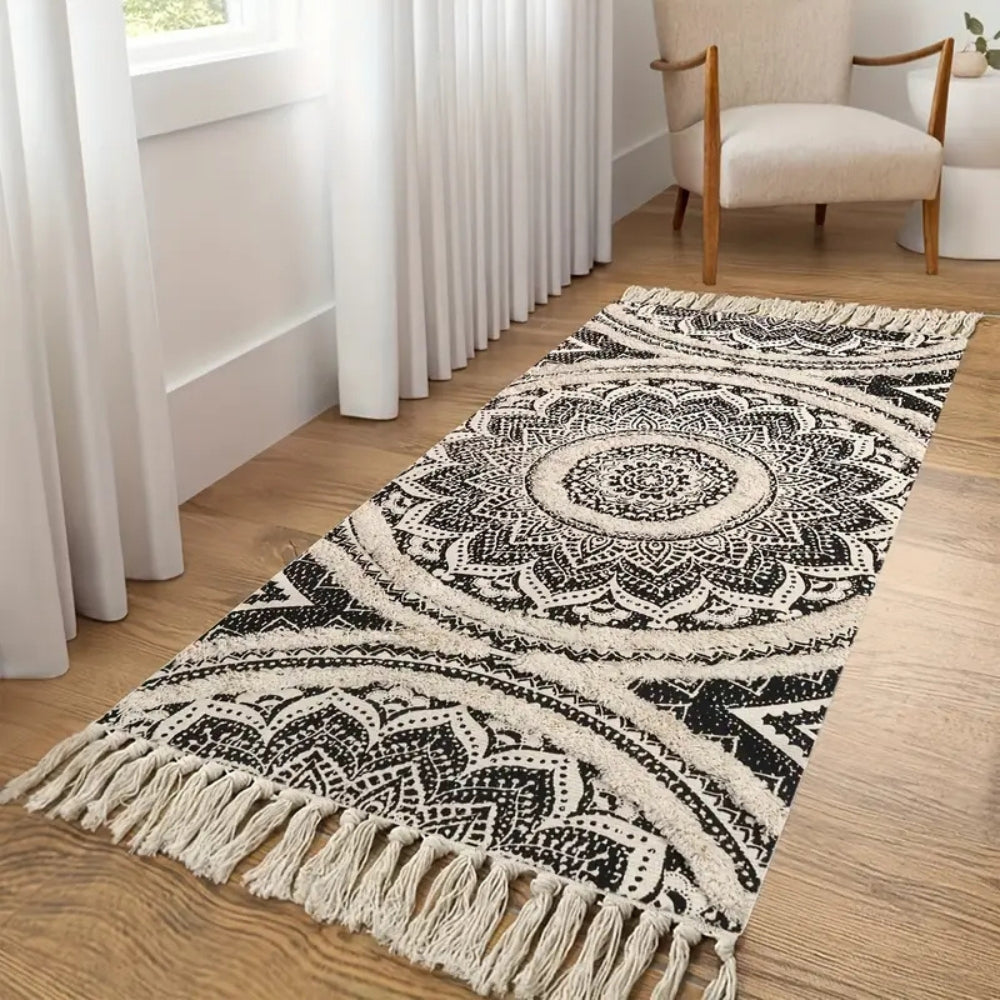 Bohemian Black and Cream Runner Mat, Cotton