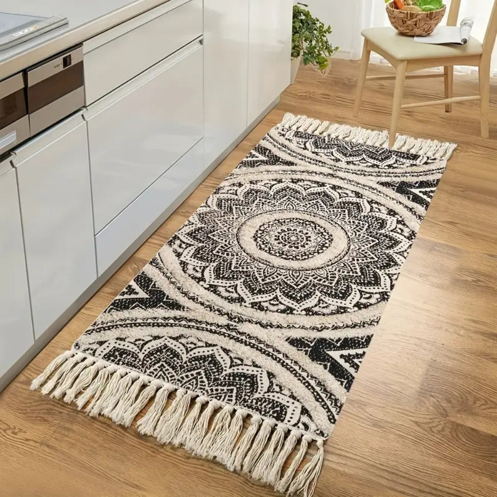 Bohemian Black and Cream Runner Mat, Cotton
