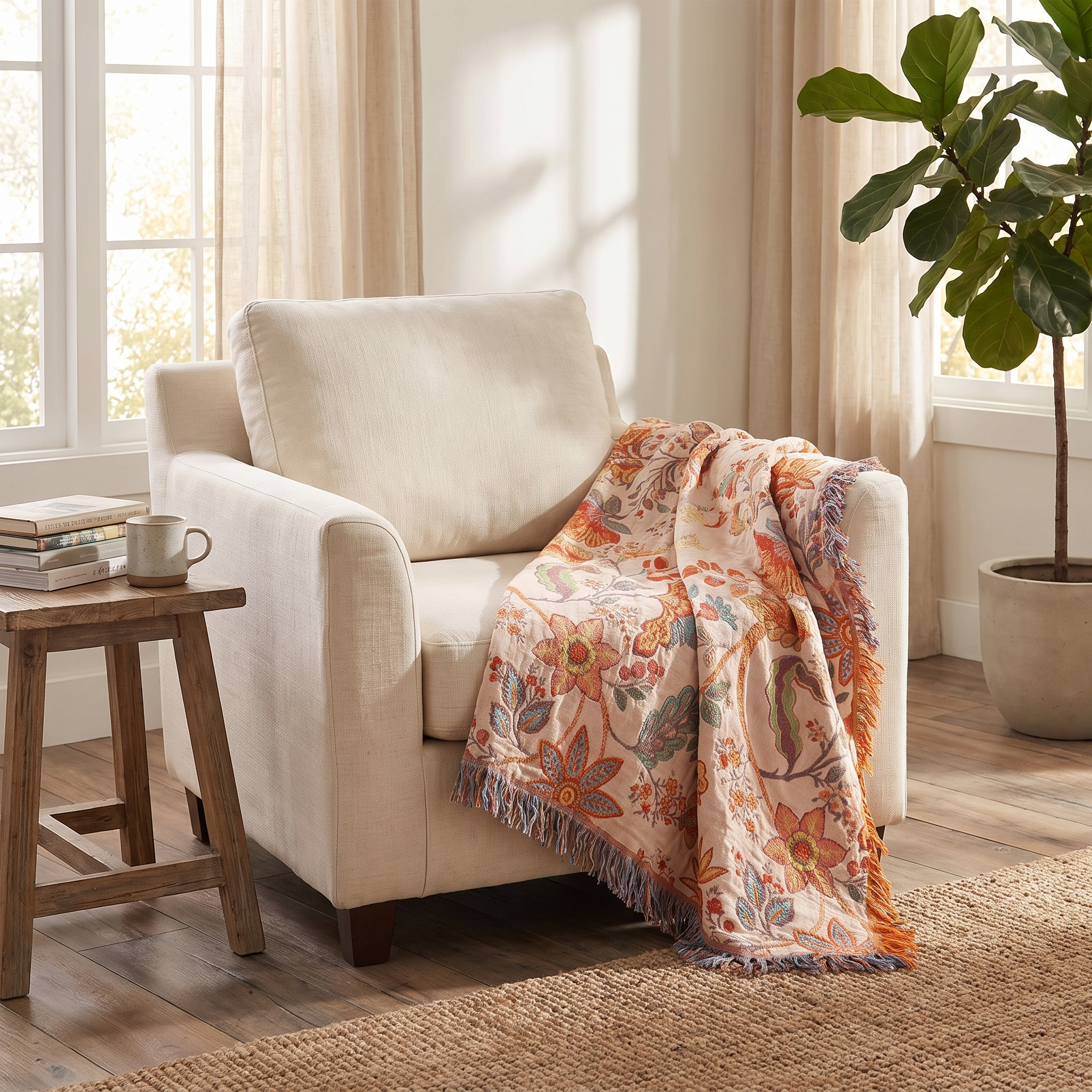 Boho Floral Cotton Throw Blanket, Cream, Tasseled Fringe