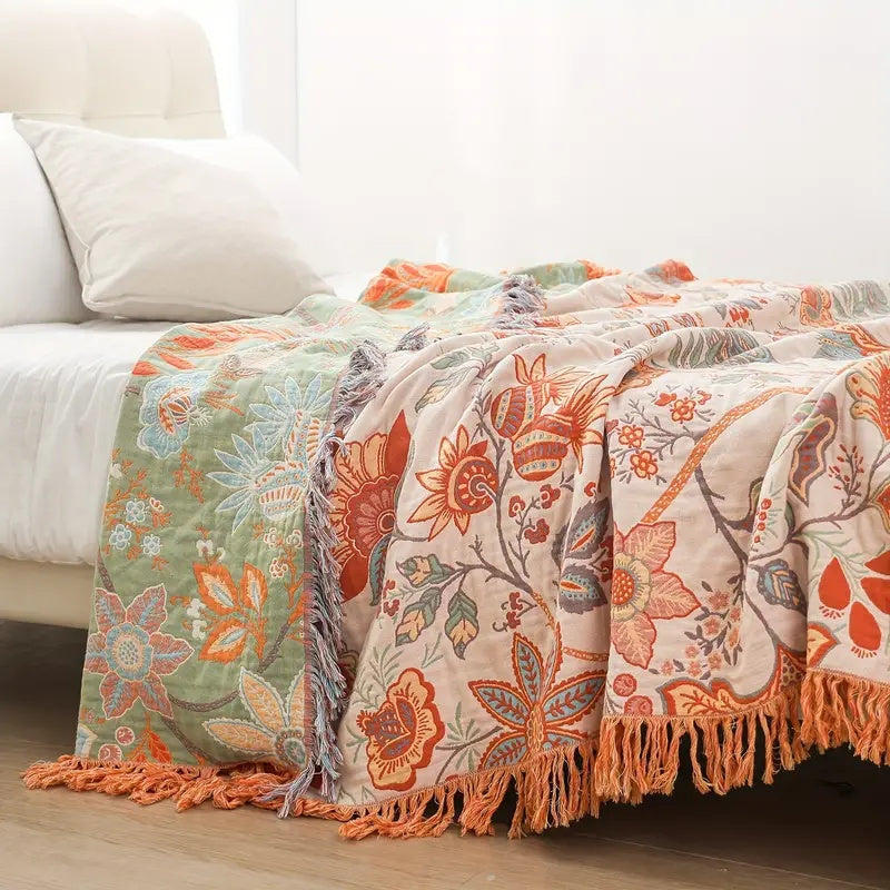 Boho Floral Cotton Throw Blanket, Cream, Tasseled Fringe