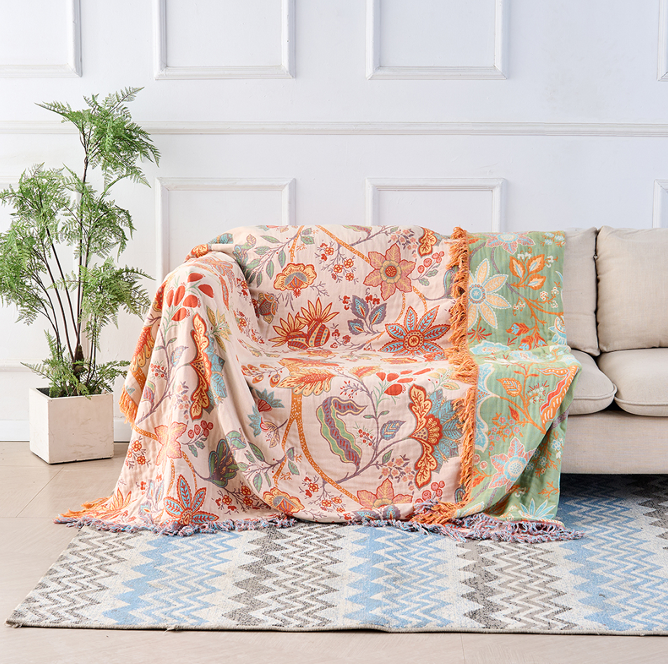 Boho Floral Cotton Throw Blanket, Cream, Tasseled Fringe