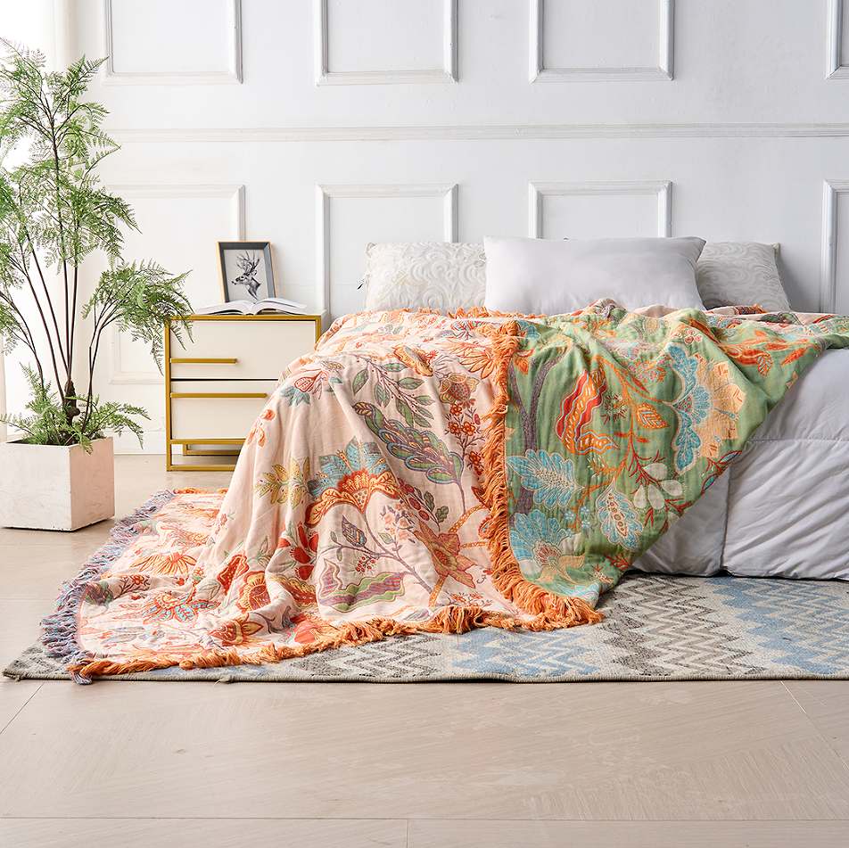 Boho Floral Cotton Throw Blanket, Cream, Tasseled Fringe