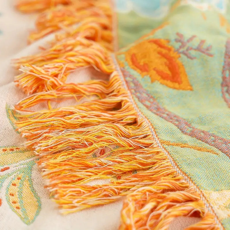 Boho Floral Cotton Throw Blanket, Cream, Tasseled Fringe