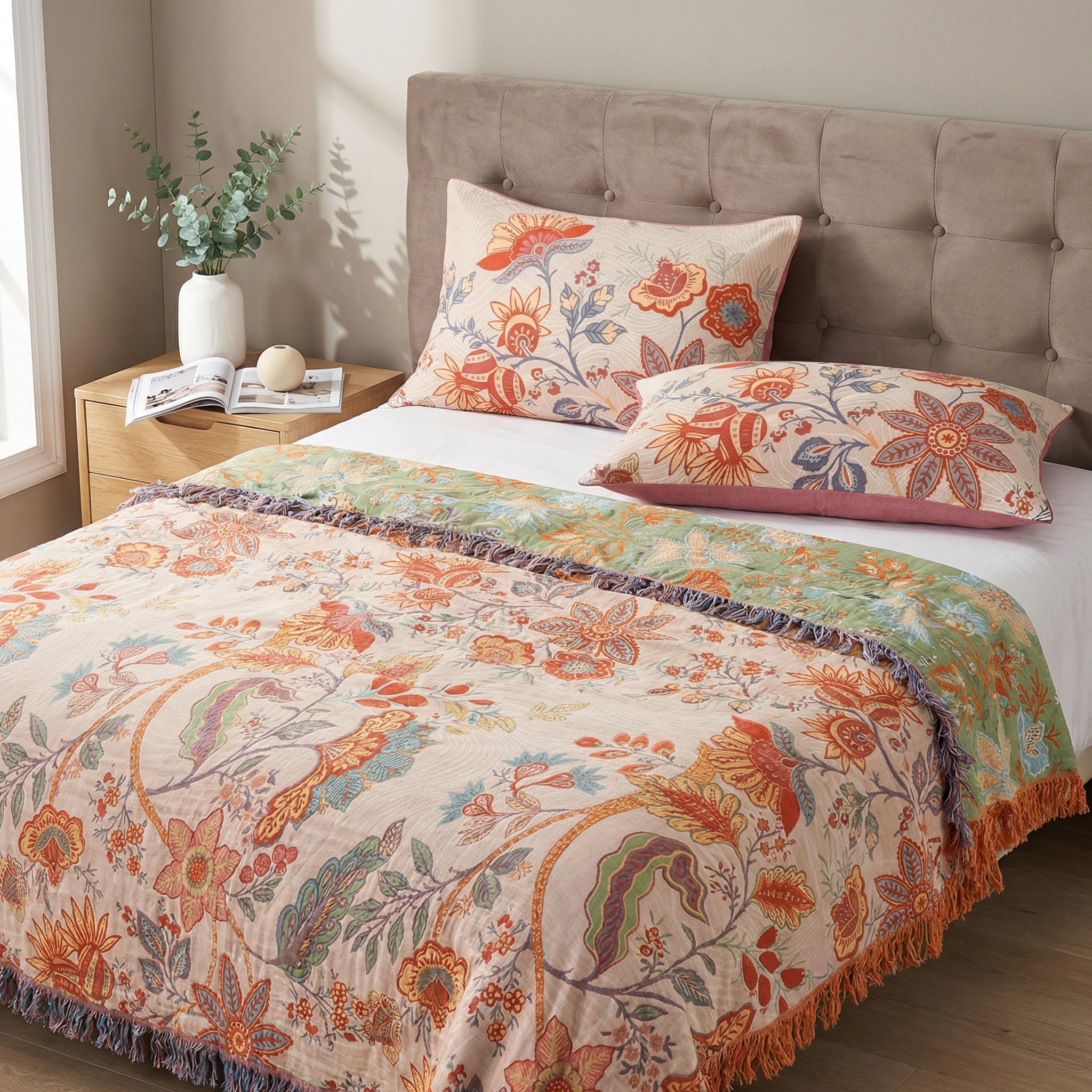 Boho Floral Pillowcases, Set of 2, 100% Cotton
