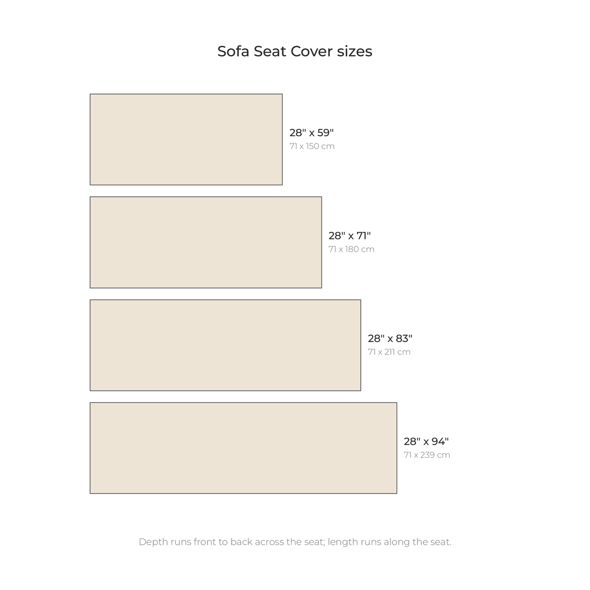 Sofa Seat Cover sizes drawn to scale with inches and centimeters