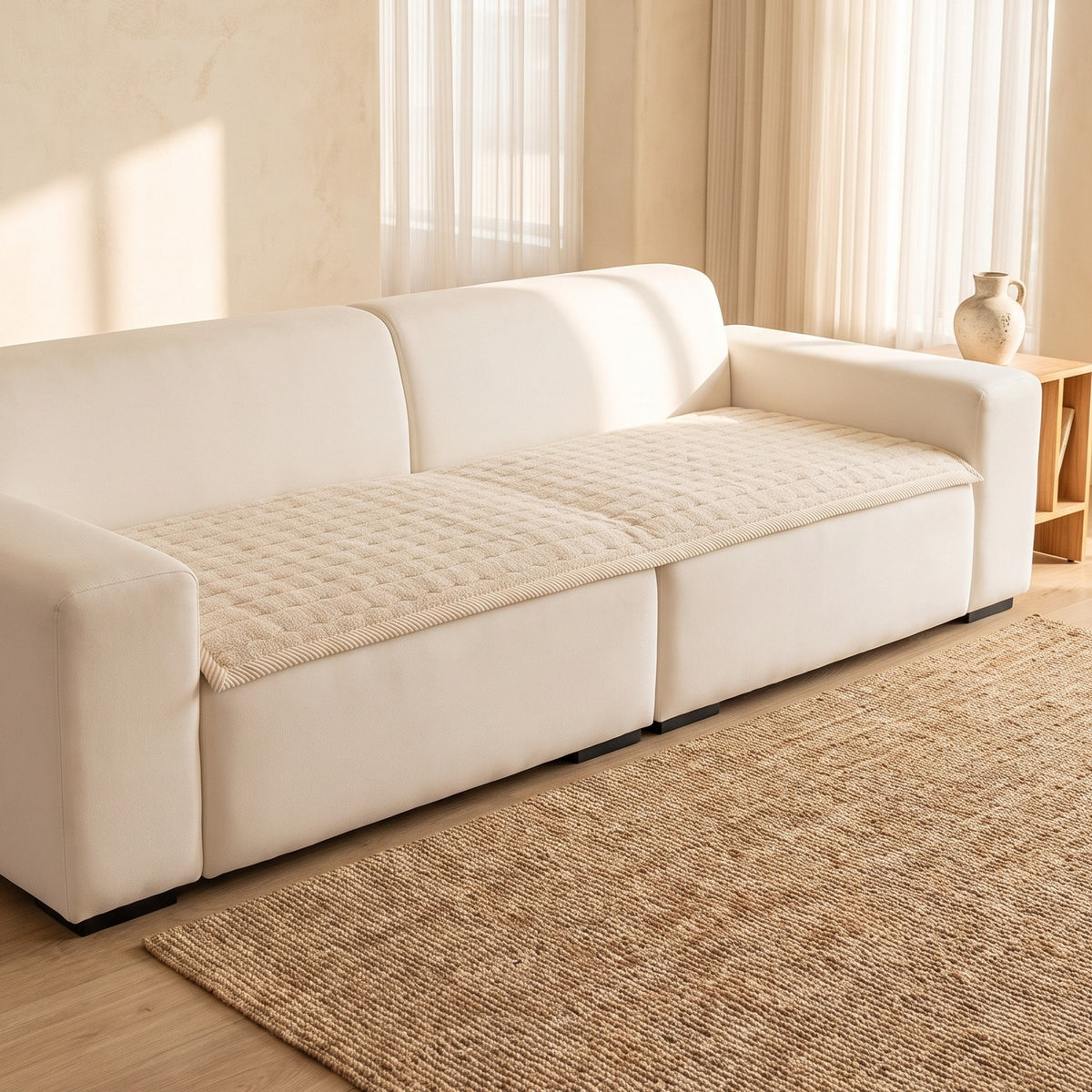 Sofa Seat Cover in Cream on a sofa in a living room
