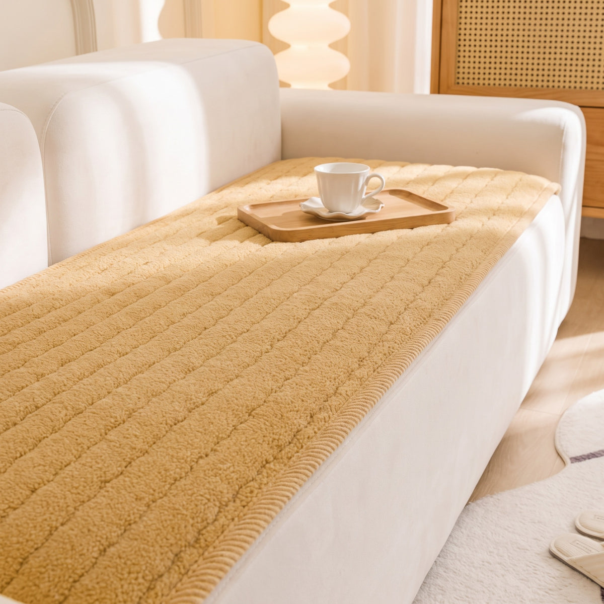 Sofa Seat Cover in Honey on a sofa, thick boucle look quilting
