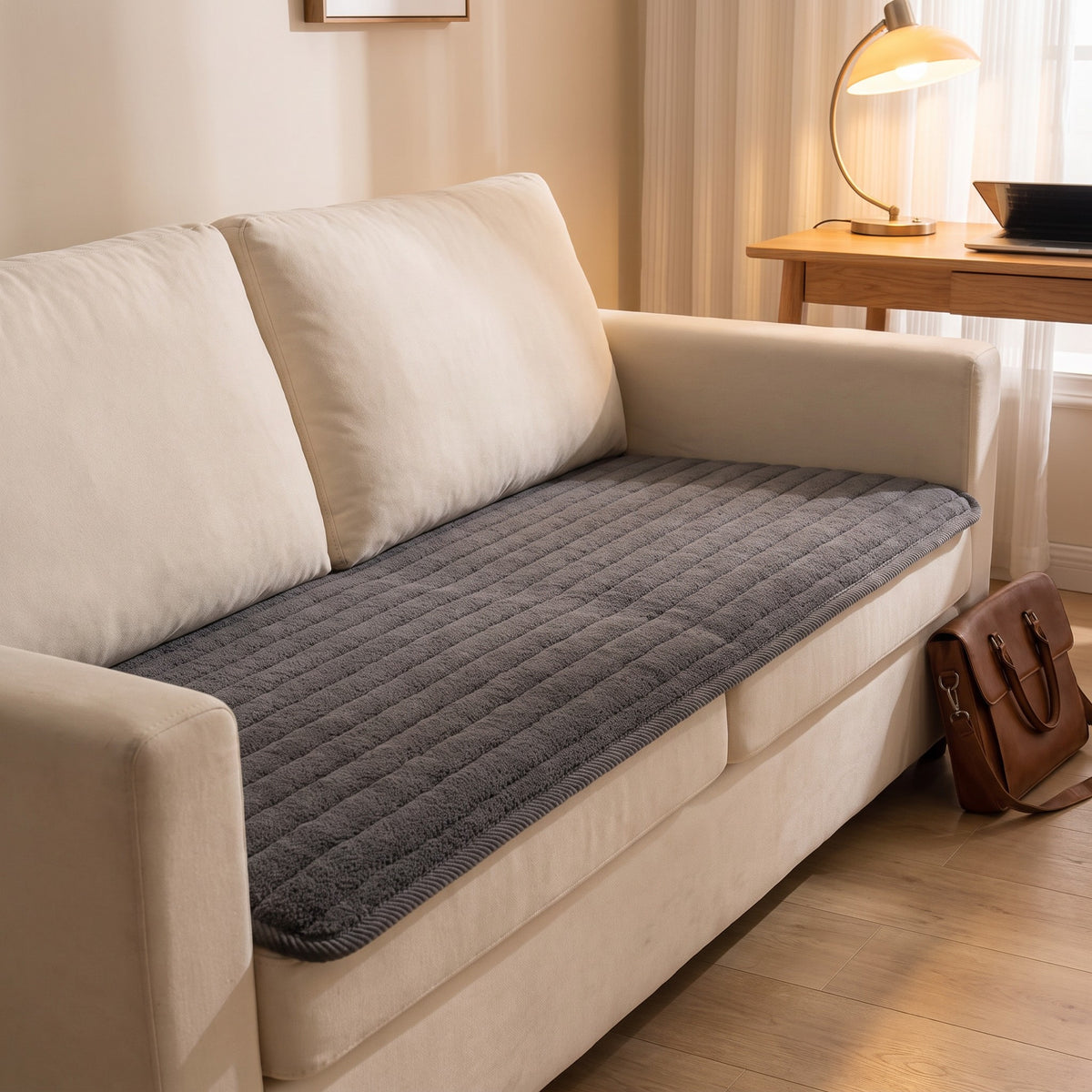 Sofa Seat Cover in Charcoal on a sofa, stays put, washes easily