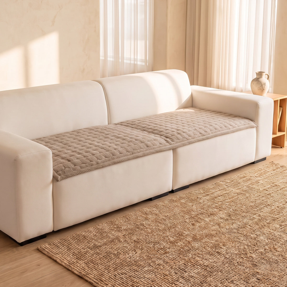 Sofa Seat Cover in Taupe on a sofa