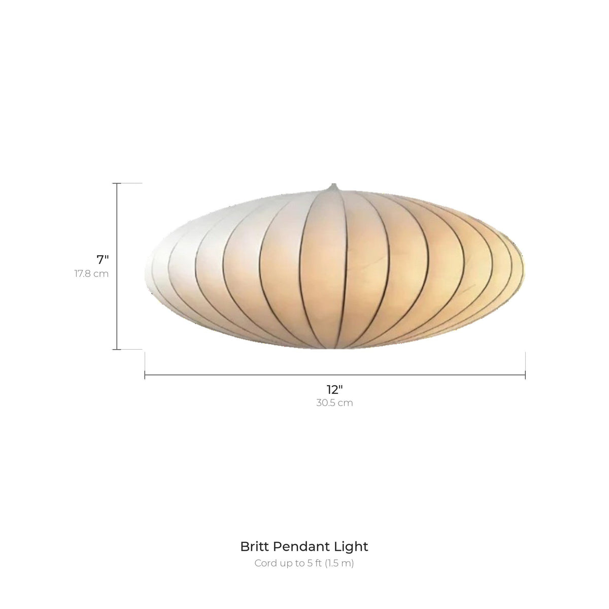 Britt pendant light, ribbed fabric saucer dimensions: 12 inches across, 7 inches tall