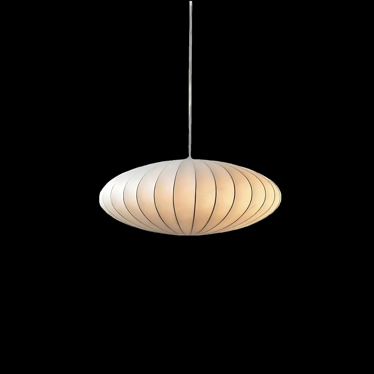 Britt pendant light, ribbed fabric saucer on a black background showing the white cord