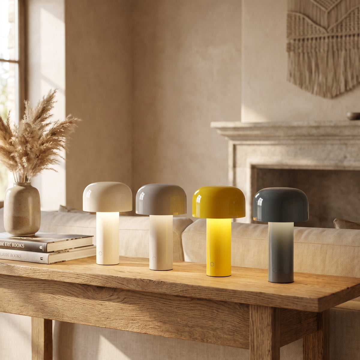 Four Britta dome table lamps in white, gray, yellow and dark green on a console