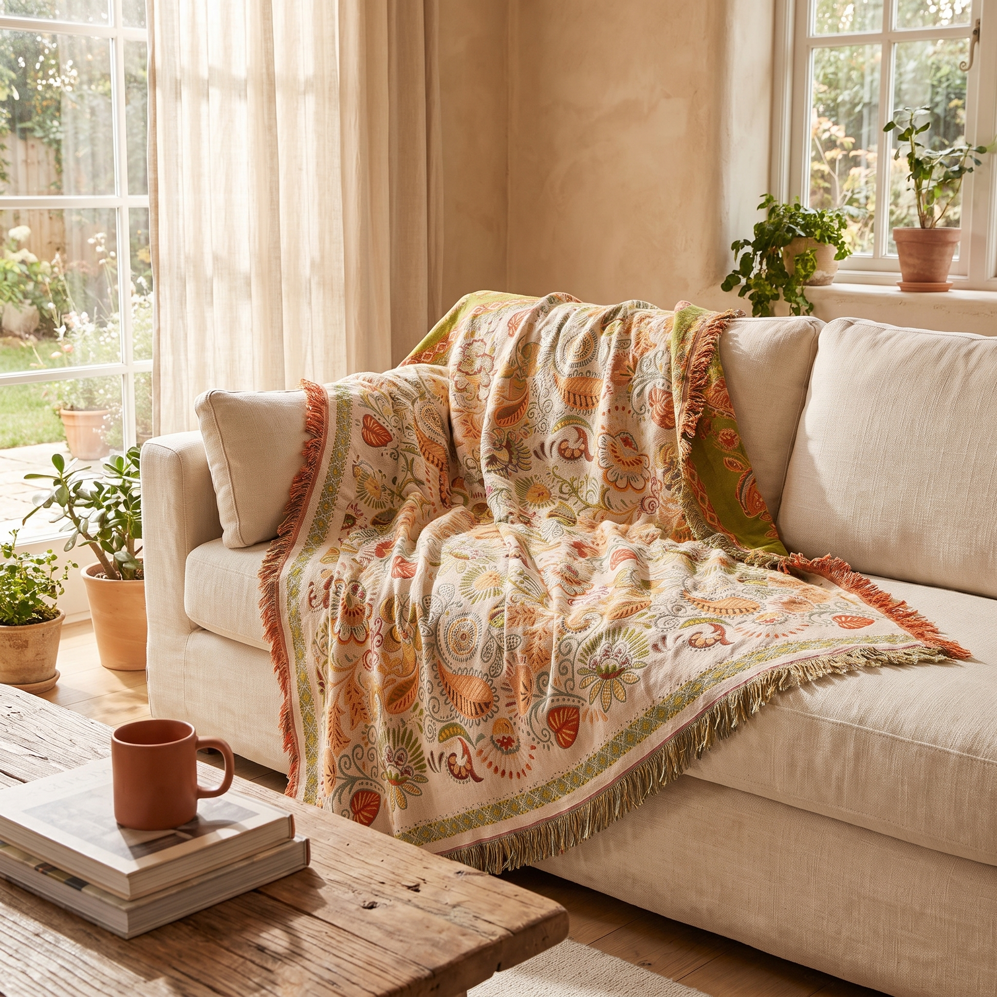 Boho Reversible Throw Blanket, Tasseled Cotton Gauze