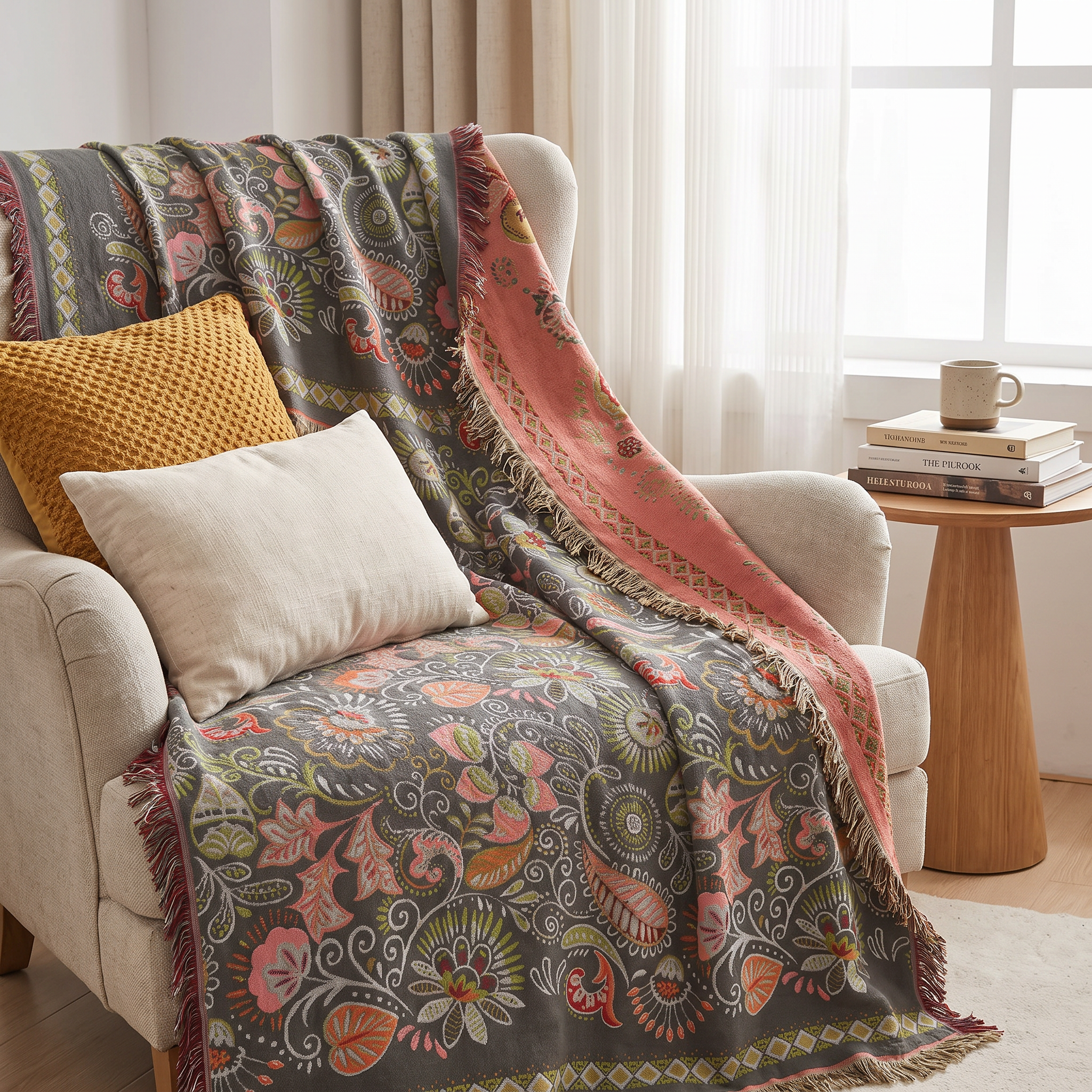 Boho Reversible Throw Blanket, Tasseled Cotton Gauze