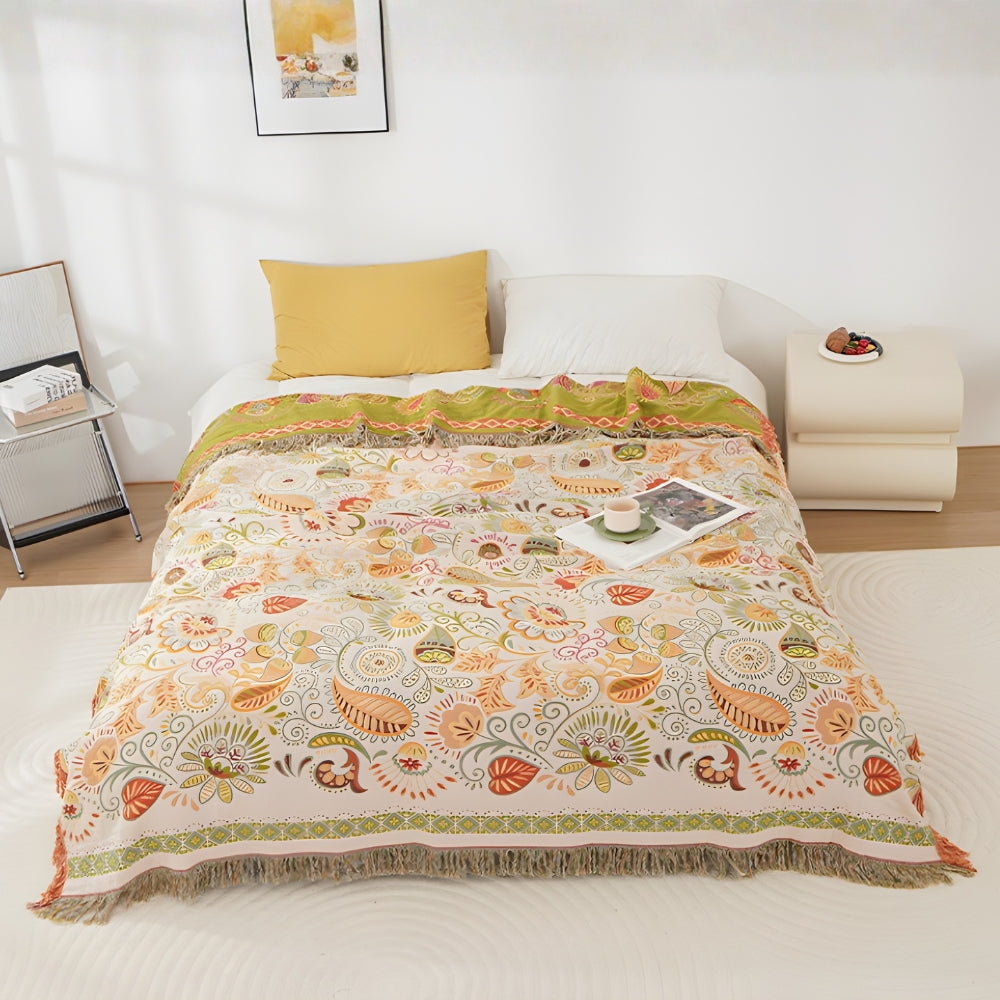 Boho Reversible Throw Blanket, Tasseled Cotton Gauze