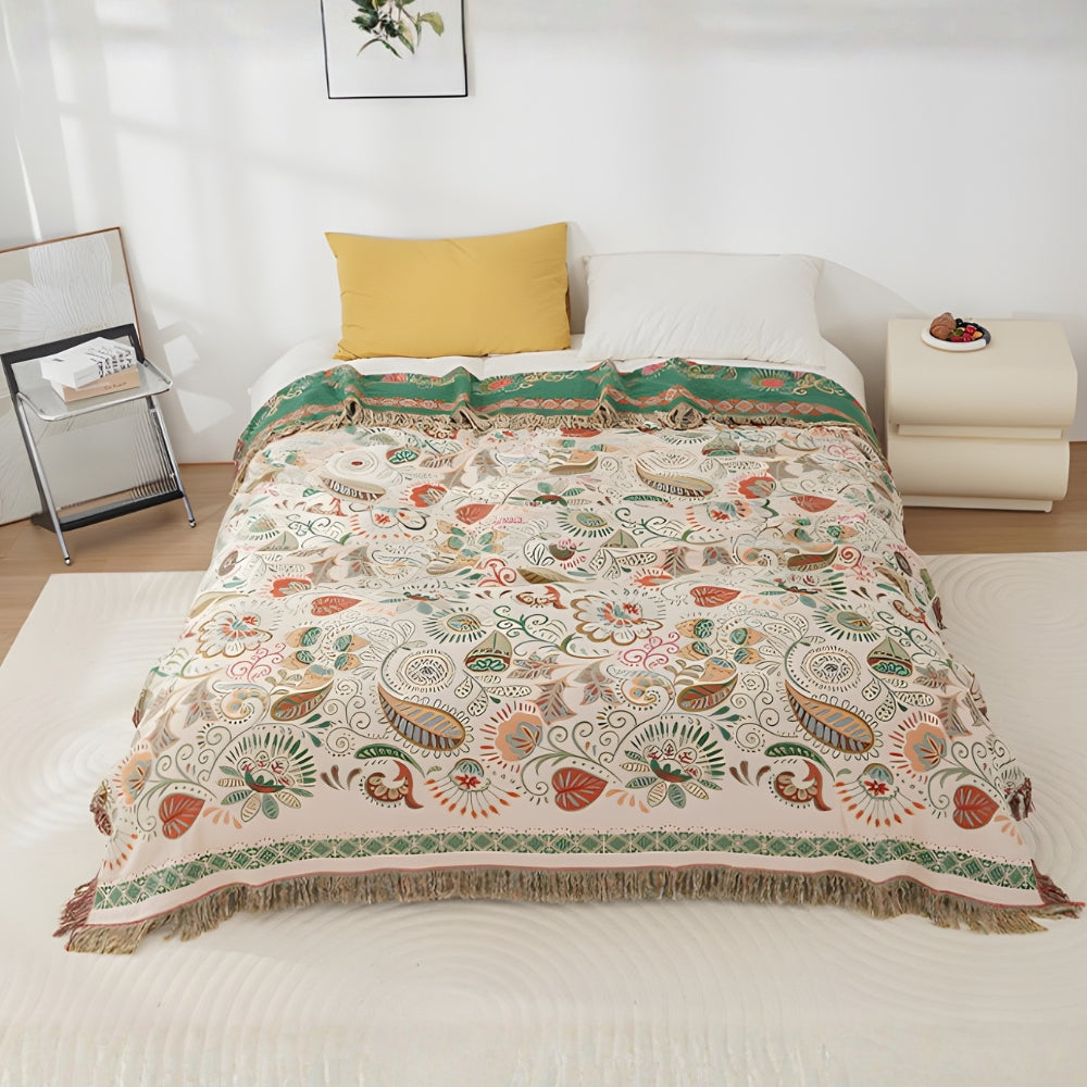 Boho Reversible Throw Blanket, Tasseled Cotton Gauze