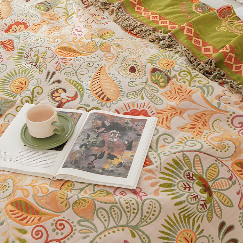 Boho Reversible Throw Blanket, Tasseled Cotton Gauze