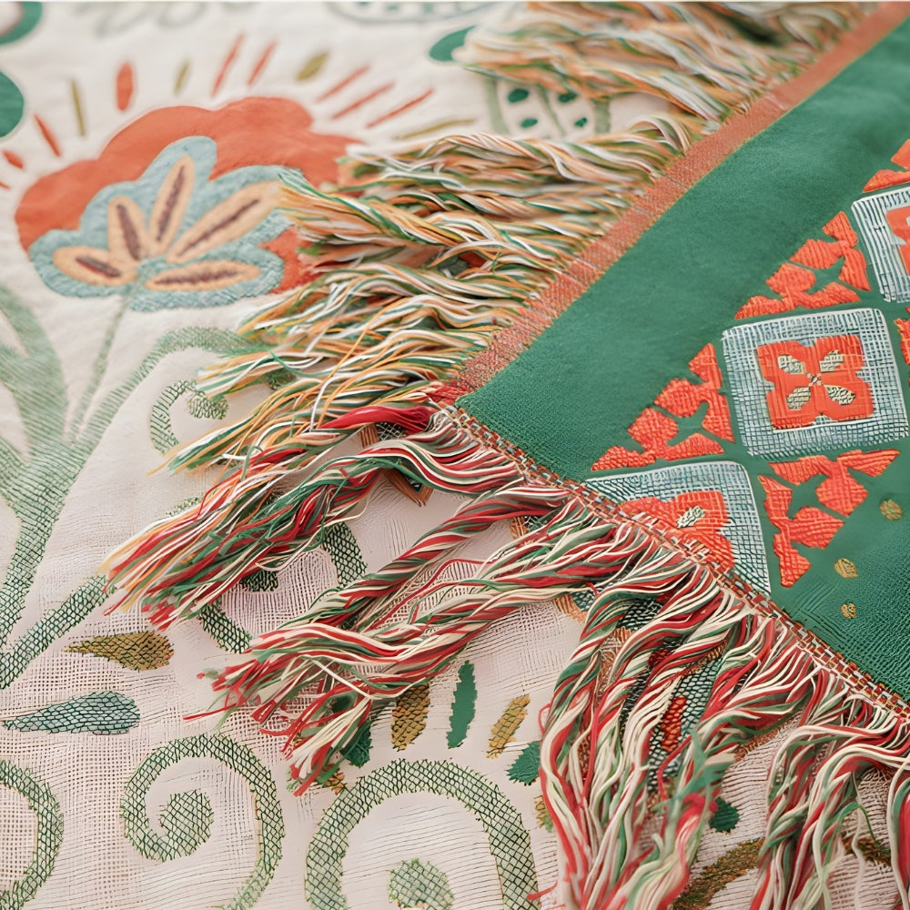 Boho Reversible Throw Blanket, Tasseled Cotton Gauze