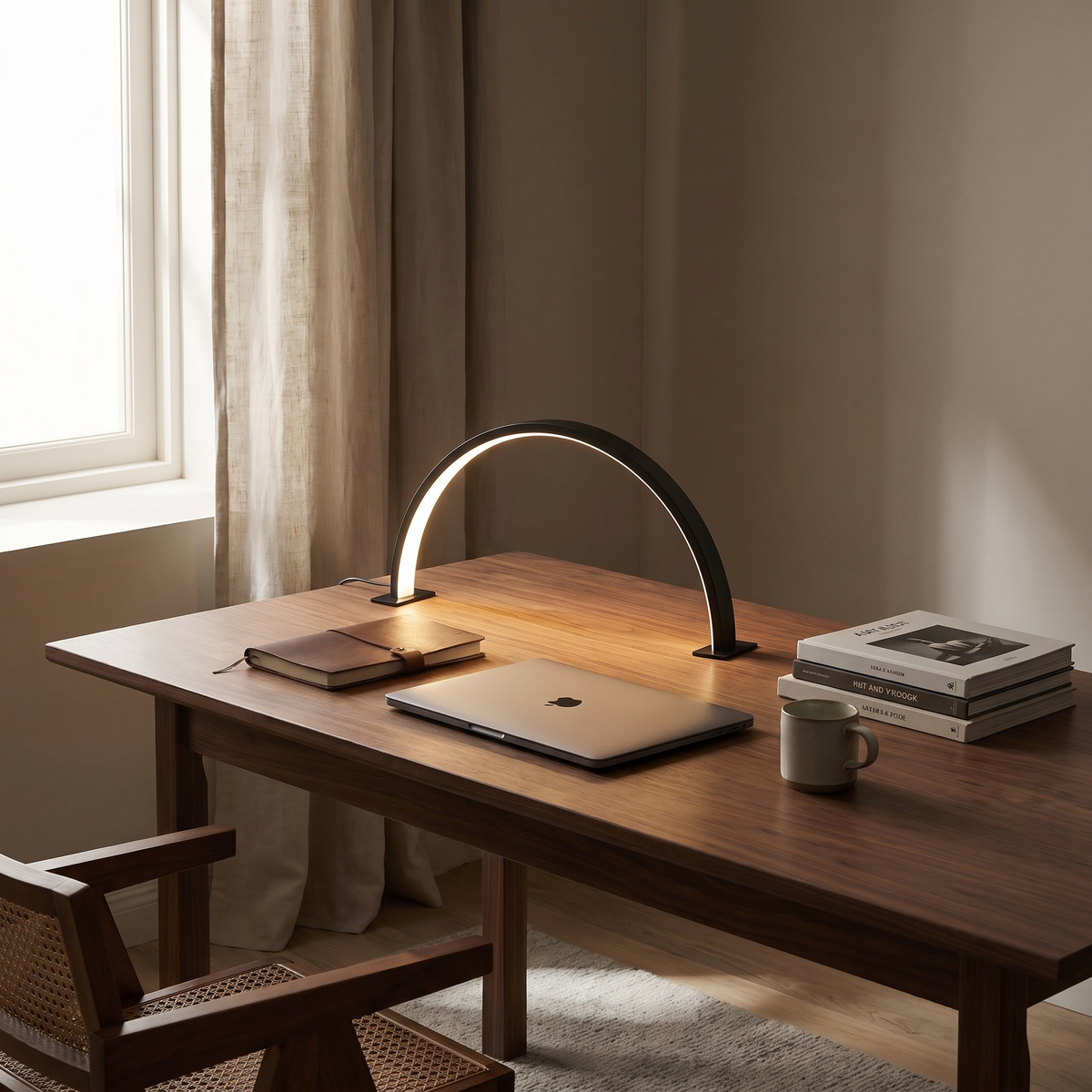Black half moon desk lamp lighting a laptop and notebook on a walnut desk