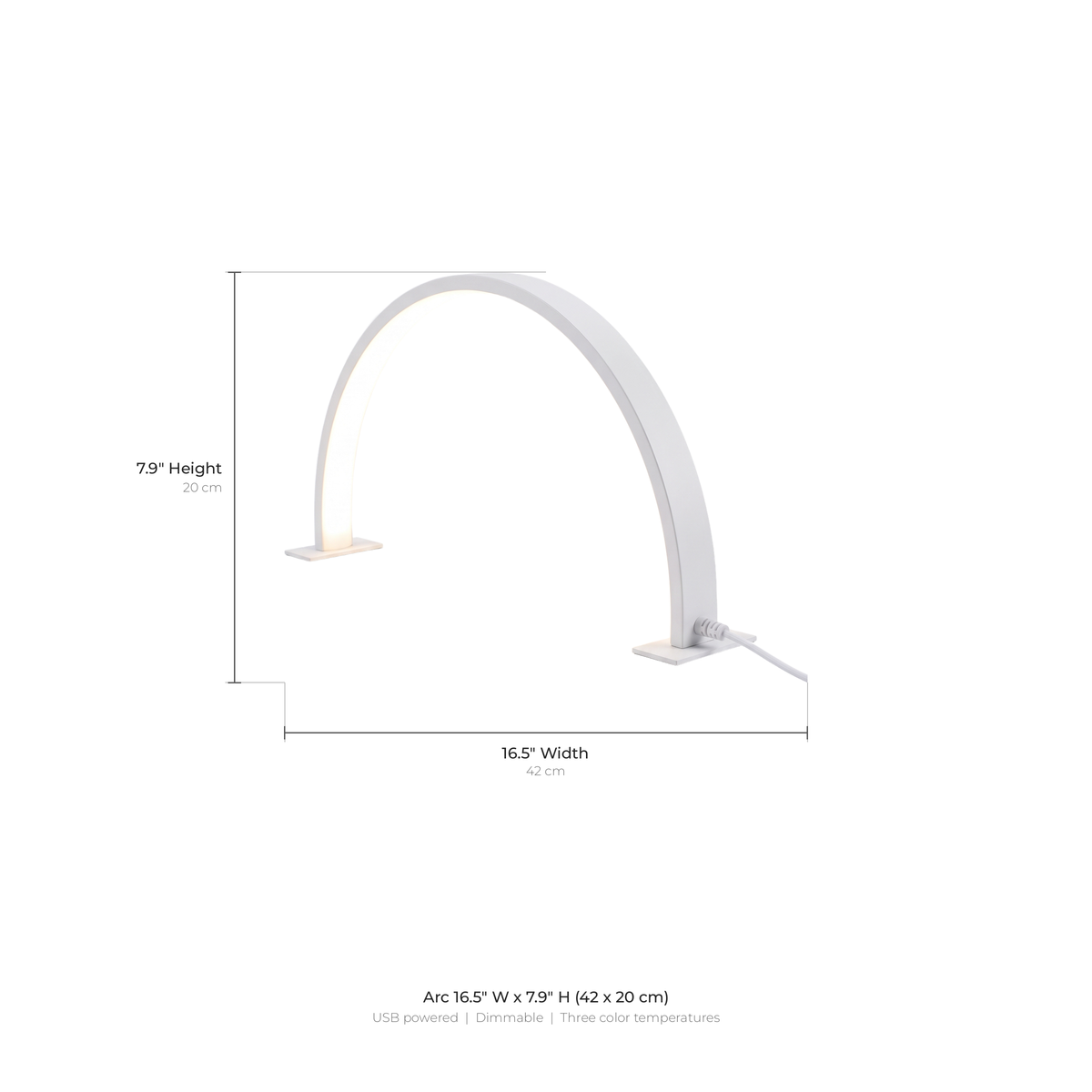 Bryn half moon desk lamp dimensions: 16.5 inches wide, 7.9 inches high