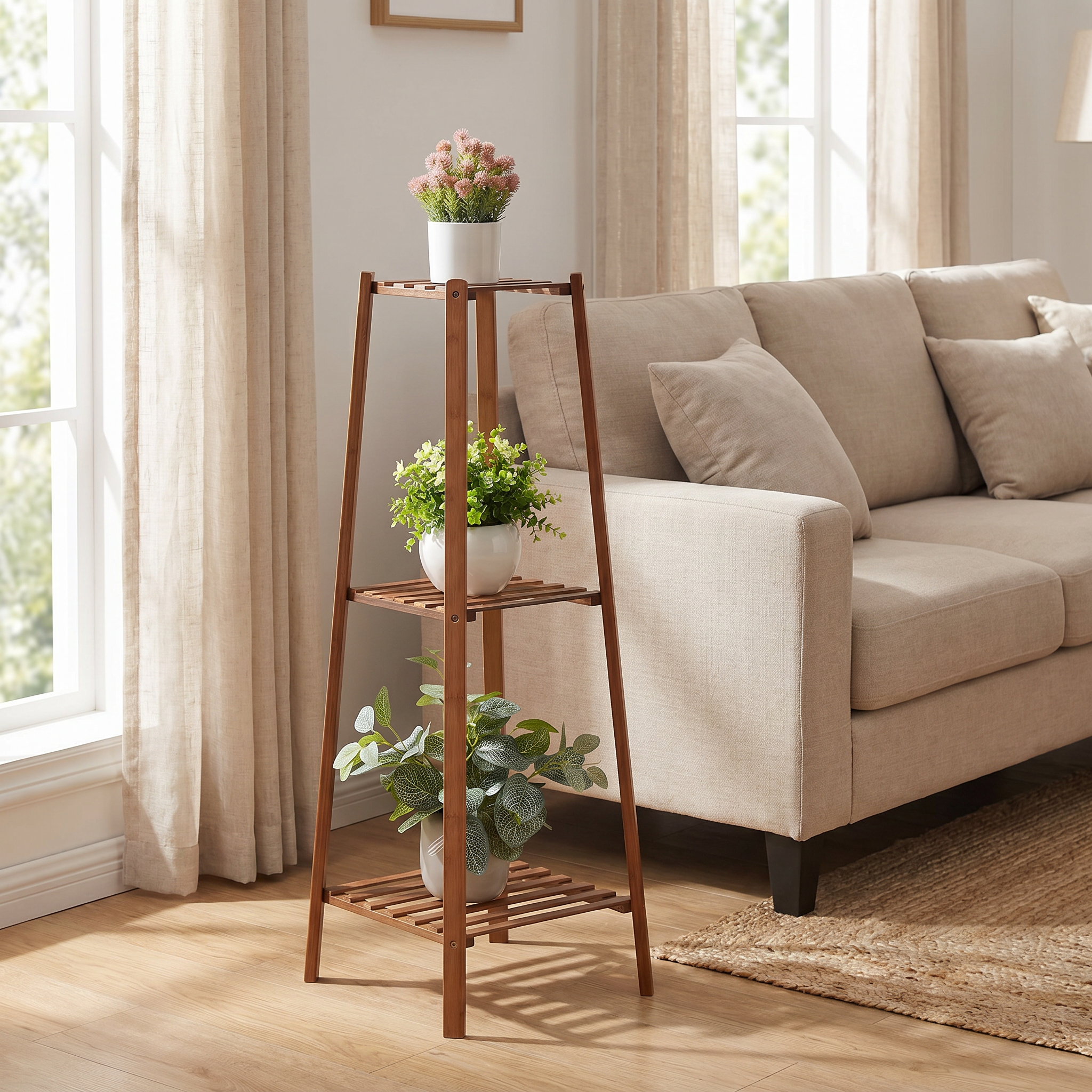 Bamboo Tiered Plant Stand, Slatted, 2, 3 or 4 Tiers, Indoor Outdoor