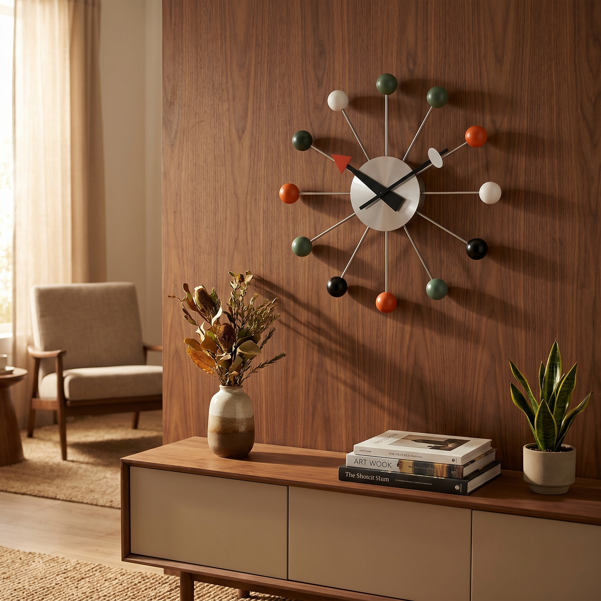Ball Wall Clock, Metal and Wood, Silent Quartz, 33 x 33 cm, Nine Colors